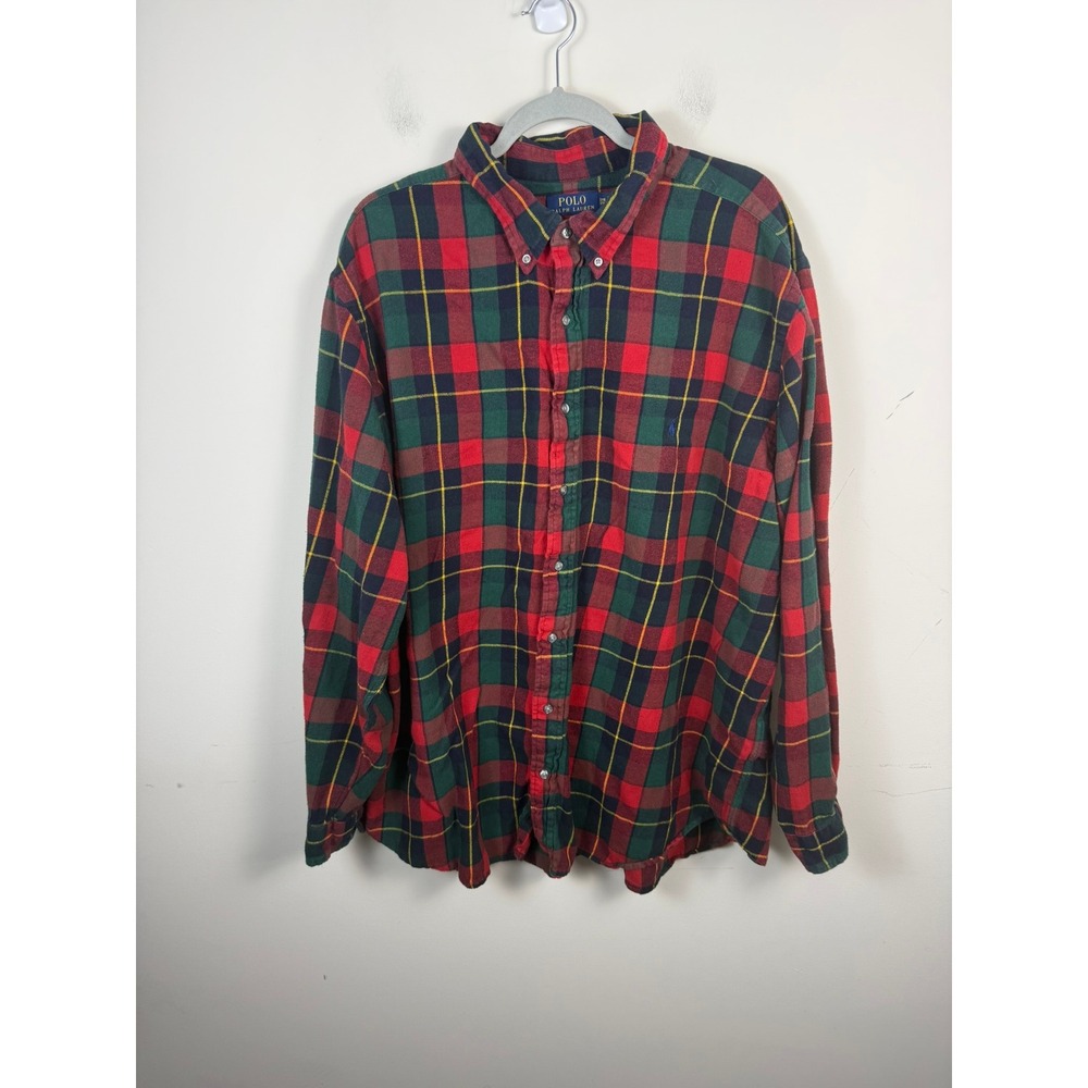 Polo Ralph Lauren Men 3XB Plaid Flannel Shirt Red Green Yellow Long Sleeve Pony